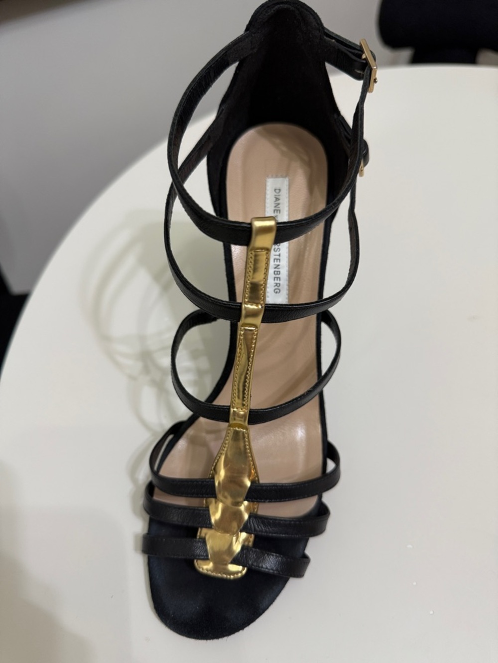 Diane Von Furstenberg Black and Gold Strappy High Heel Sandals DVF - Picture 5 of 9